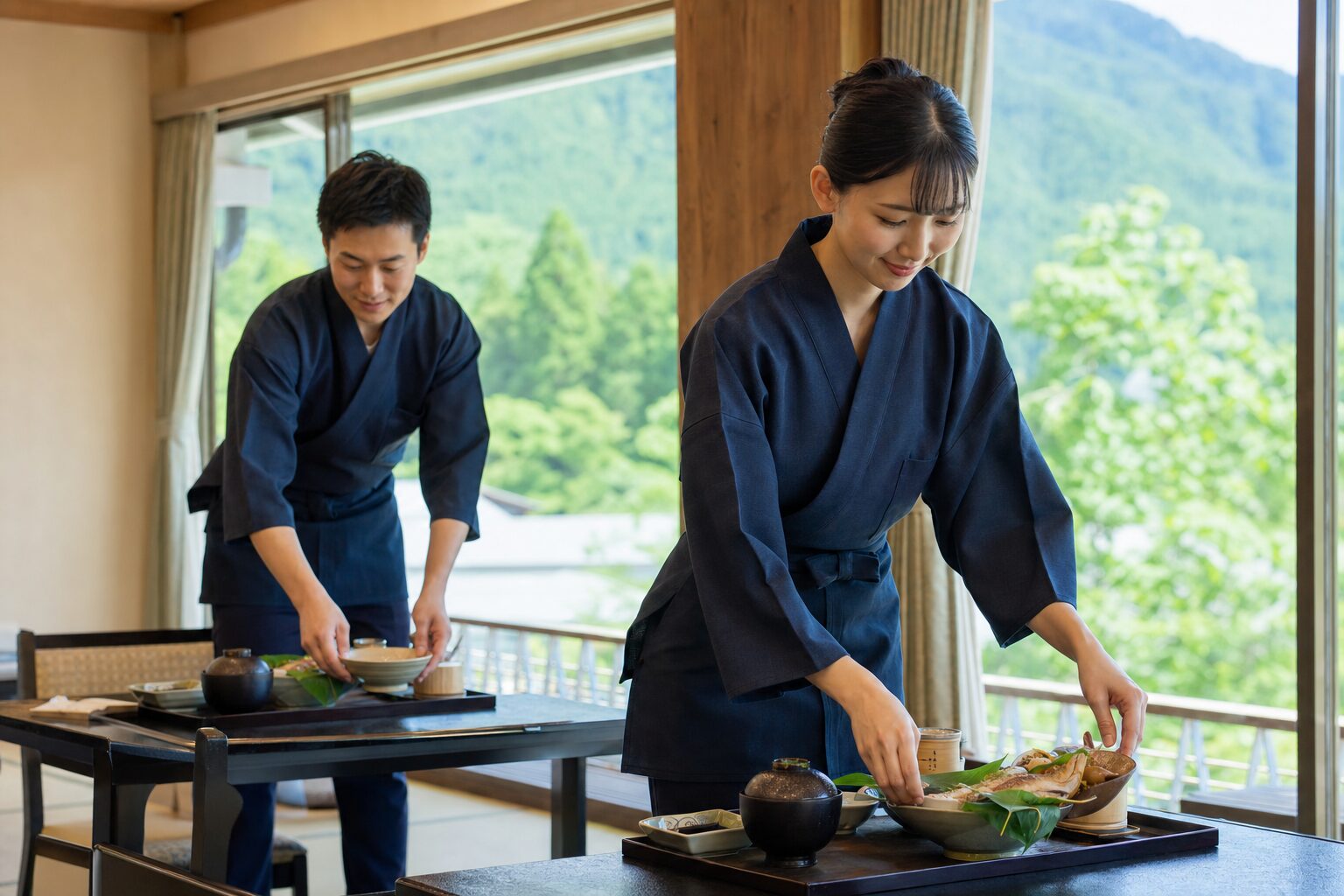 旅館の食事処で配膳準備をする仲居スタッフのイメージ
