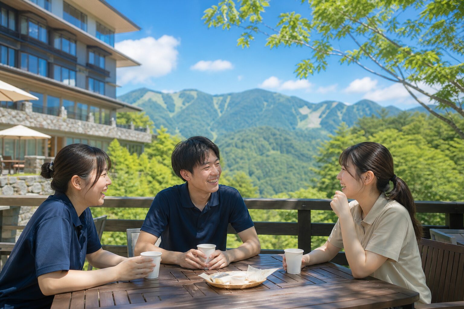 夏のリゾートバイトで仲間と休憩するスタッフのイメージ