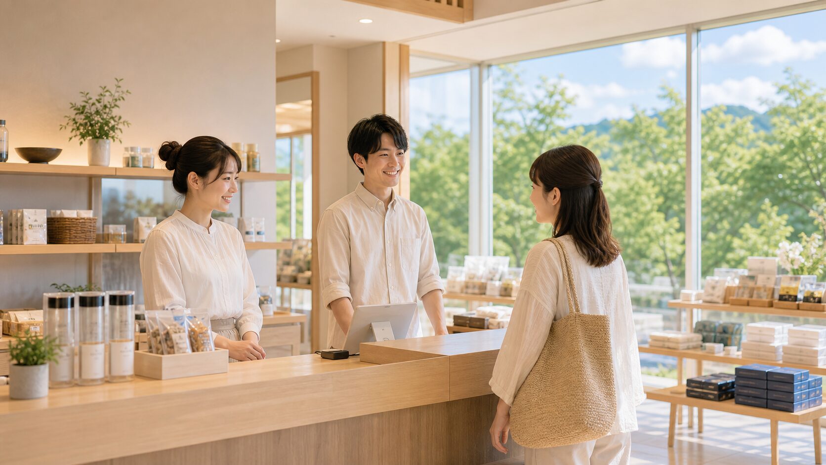 リゾートホテルの売店でスタッフが笑顔で接客するイメージ