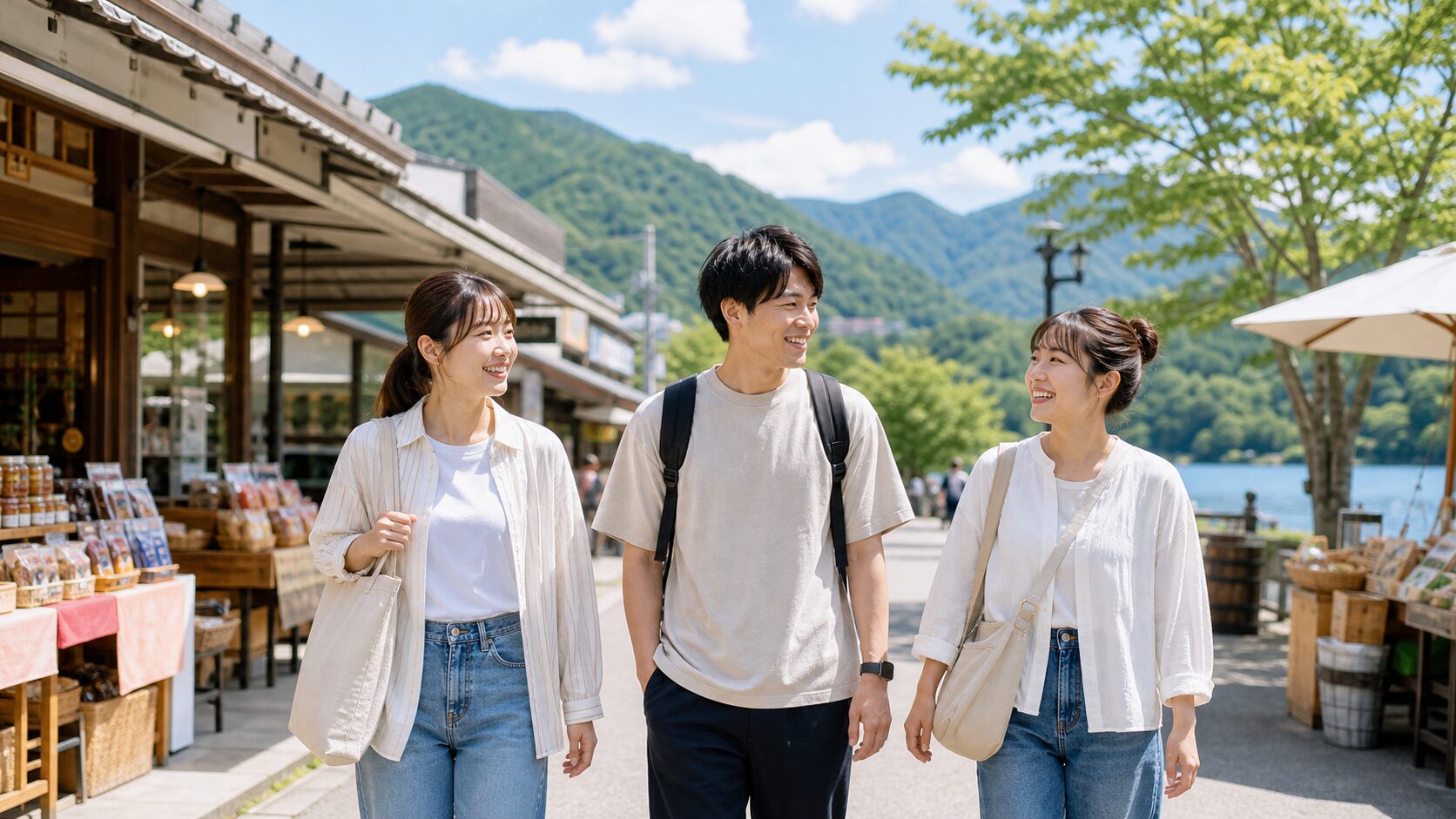 夏のリゾートバイト仲間が休日に温泉街や湖畔を歩くイメージ