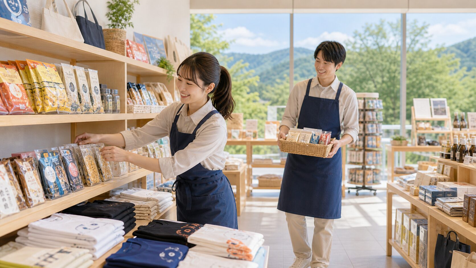 リゾートバイトの売店でスタッフが商品を補充するイメージ
