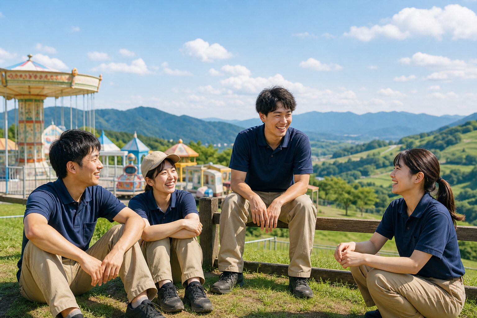 高原テーマパーク周辺で休憩するリゾバスタッフのイメージ