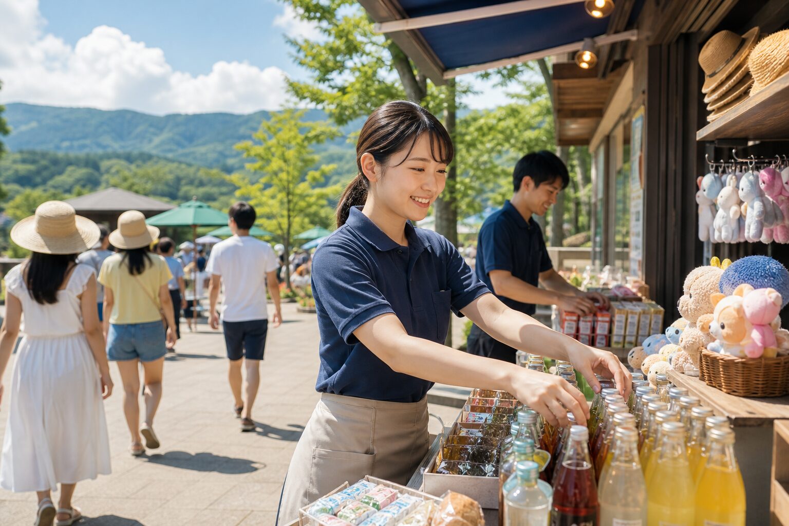 テーマパークの売店で商品を整えるリゾバスタッフのイメージ