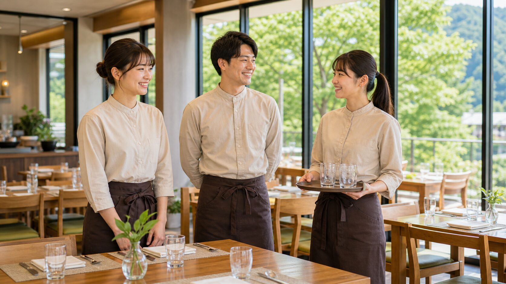 短期リゾートバイトでホテルレストランを準備するスタッフのイメージ