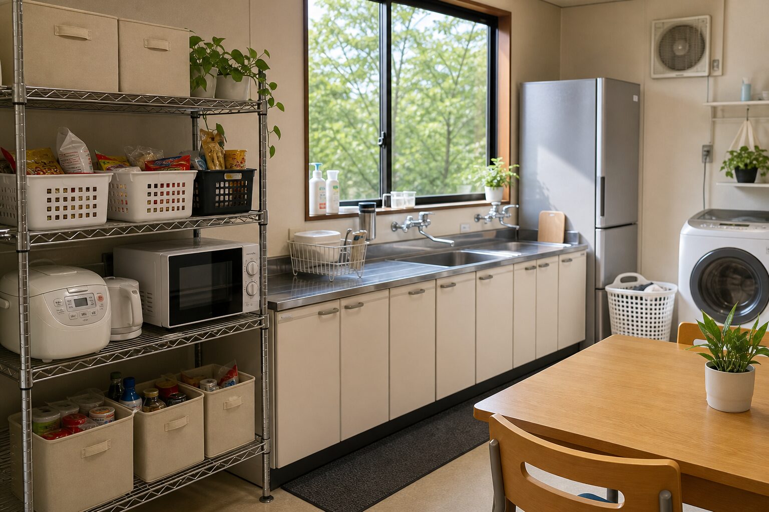 住み込みバイトの共用キッチンや生活費を確認するイメージ