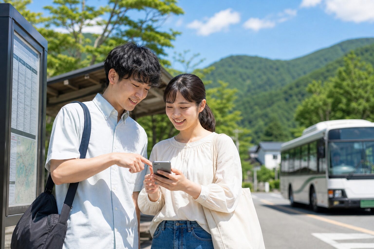 長野県リゾートバイトの休日にバス移動を確認するスタッフの写真イメージ