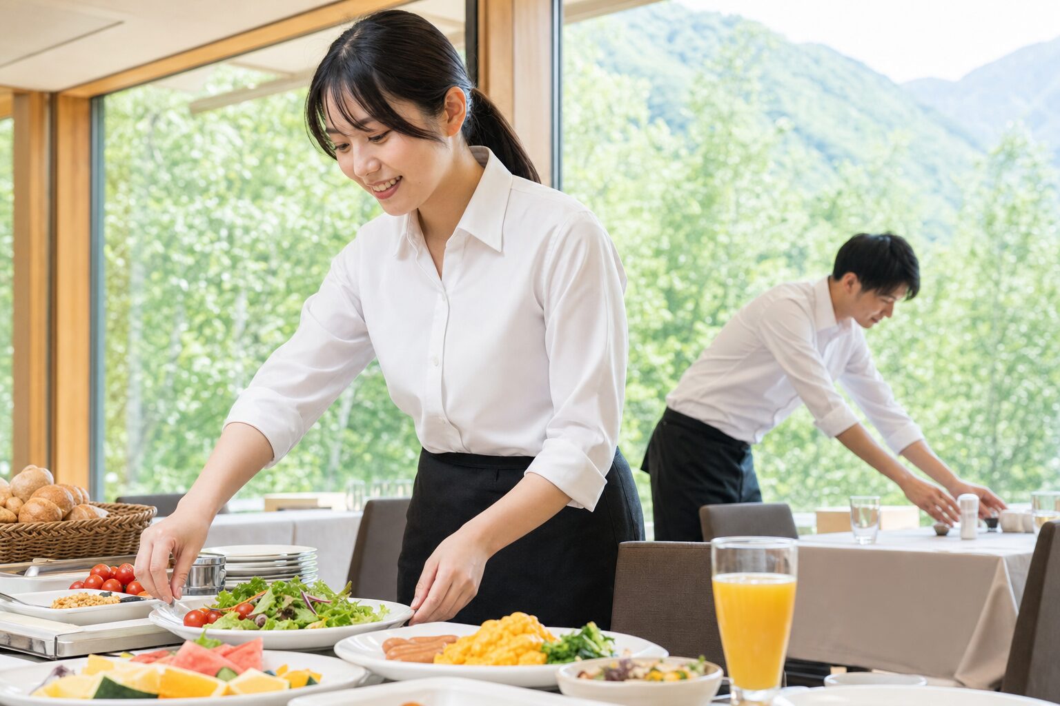 長野県の高原ホテルで朝食準備をするリゾートバイトスタッフの写真イメージ