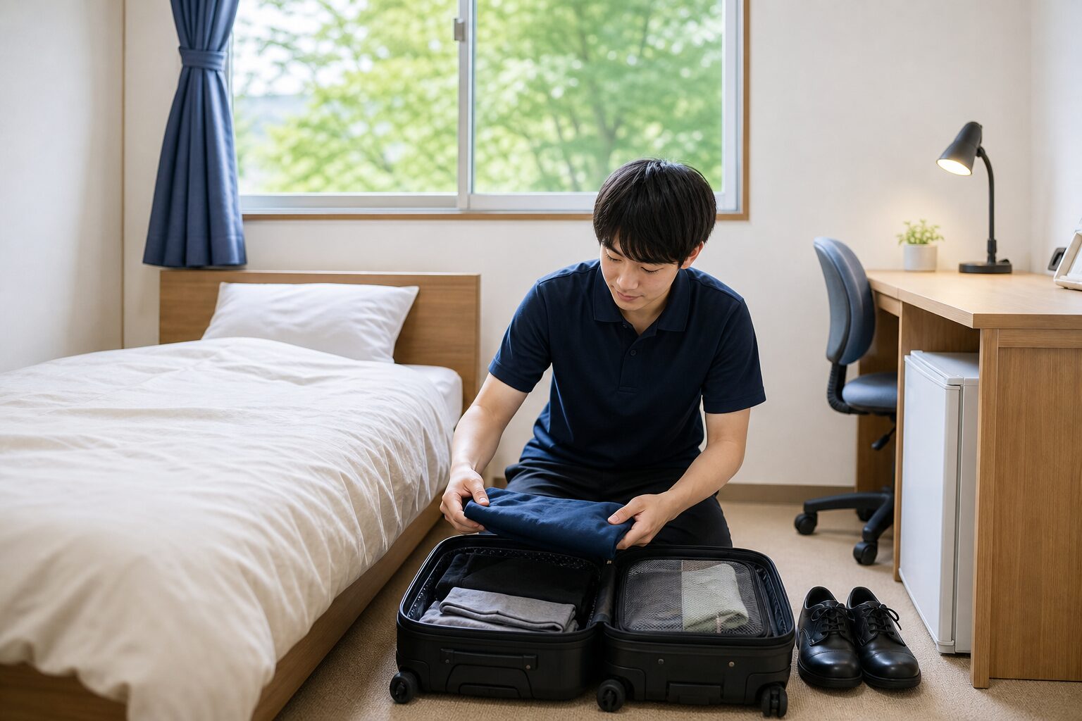 長野県リゾートバイトの個室寮で荷物を整理する写真イメージ