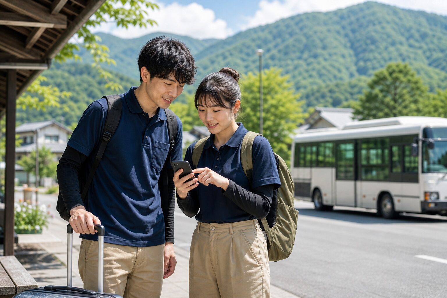 長野県の駅前で集合場所を確認するリゾートバイト初日のイメージ