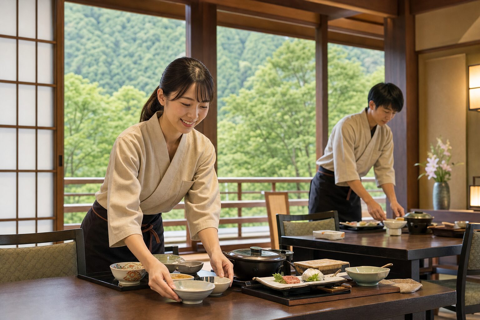 昼神温泉の旅館食事処で配膳準備をするスタッフの写真イメージ