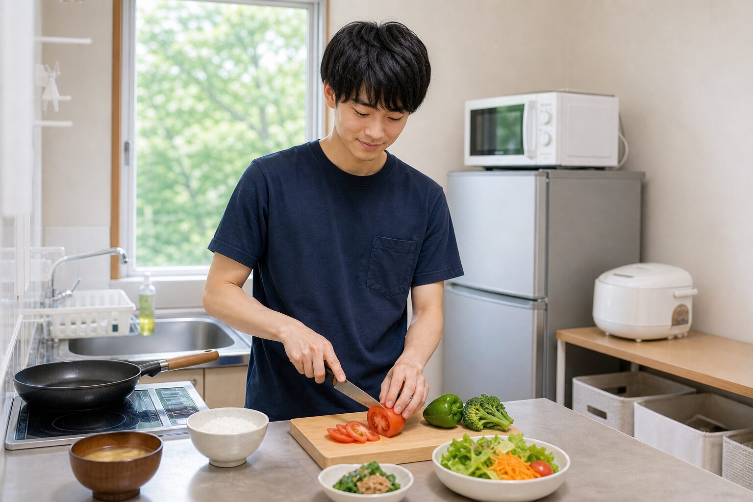 長野県リゾートバイトの寮キッチンで自炊する写真イメージ