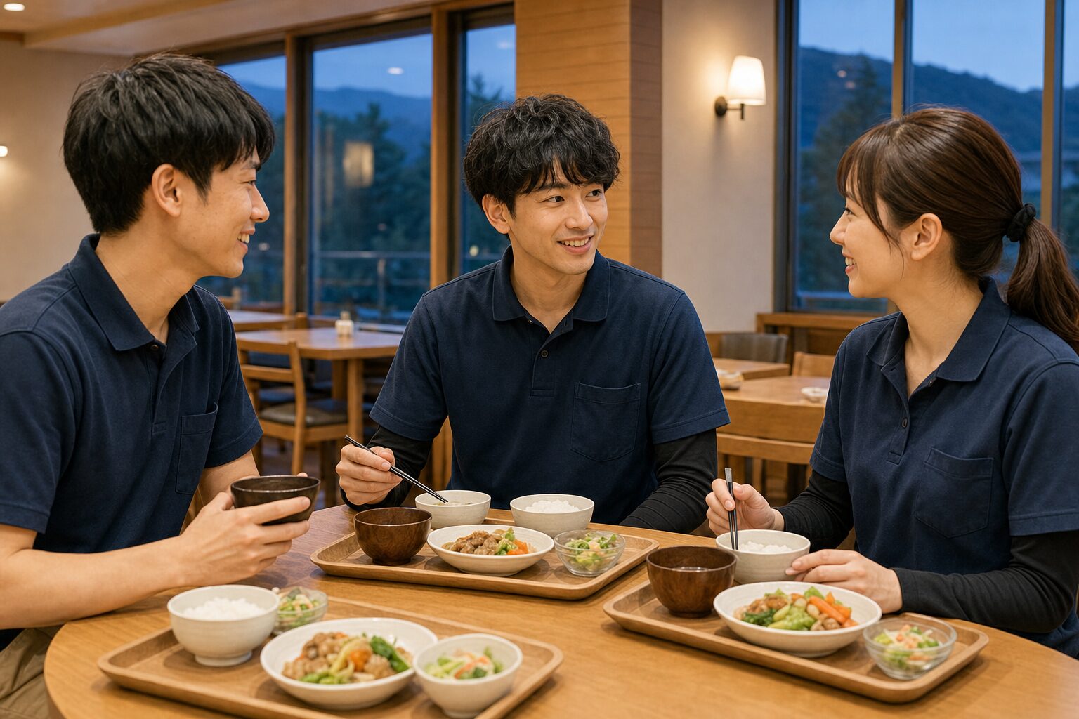 長野県リゾートバイトで一人参加のスタッフが食事時間に同僚と話すイメージ