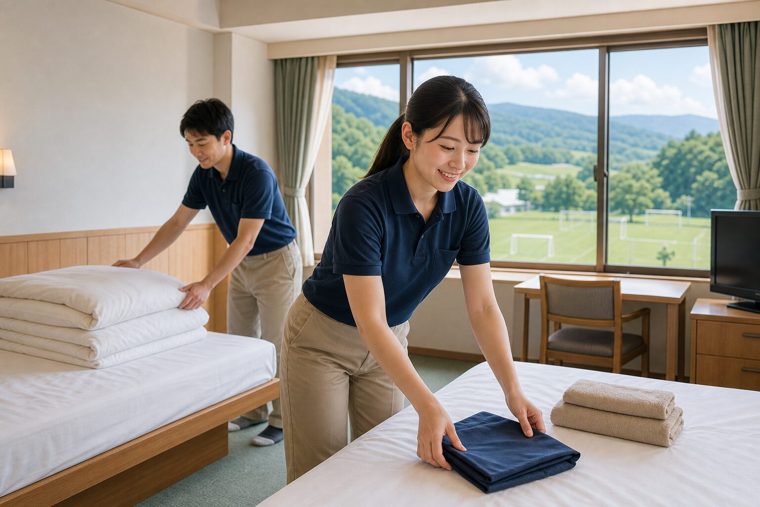 菅平高原の宿泊施設で客室準備をするリゾバスタッフのイメージ