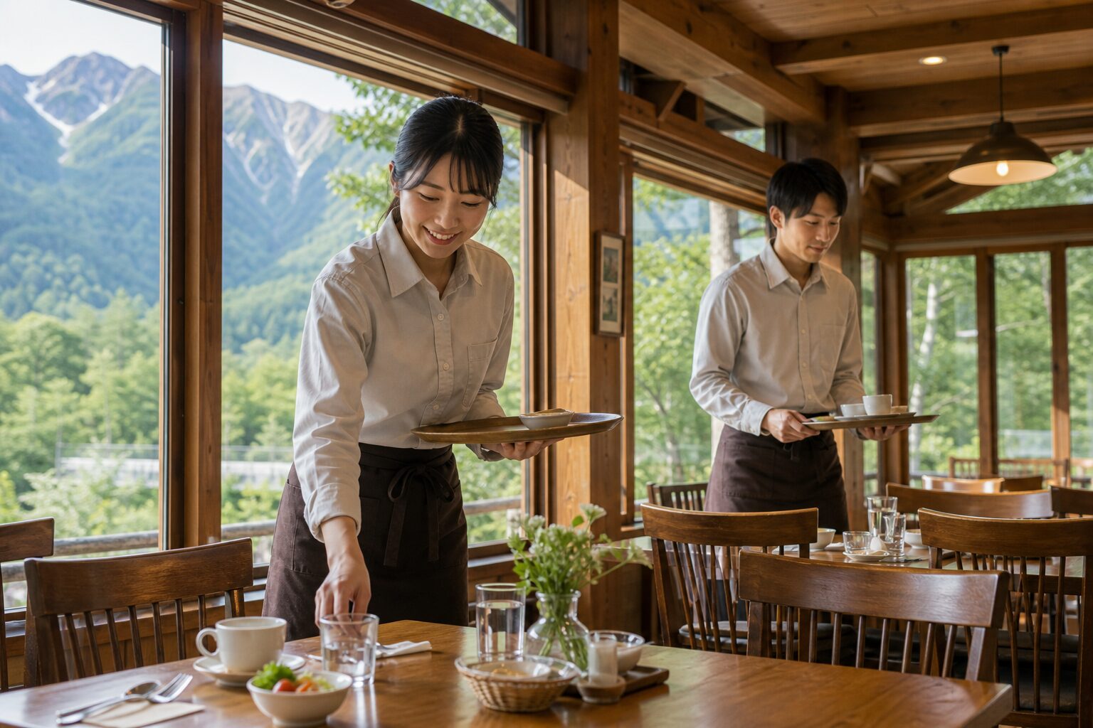 戸倉上山田温泉の旅館食事処で配膳準備をする写真イメージ