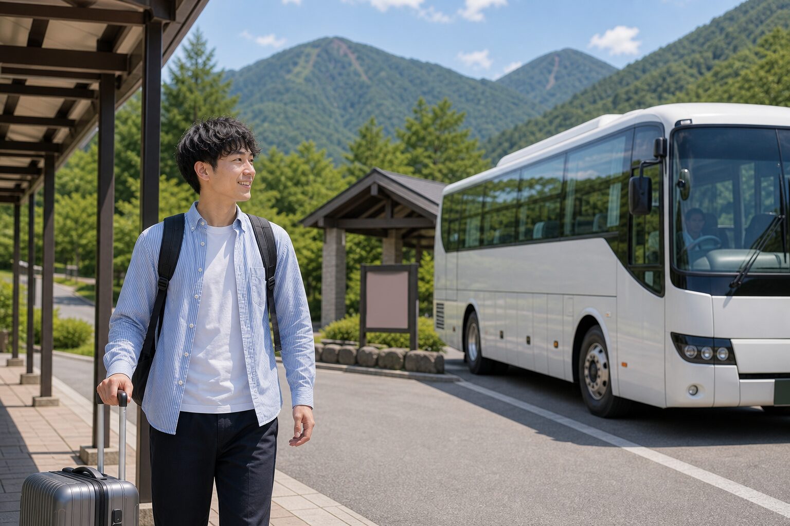 長野県のリゾート地へバスで到着するリゾートバイトのイメージ