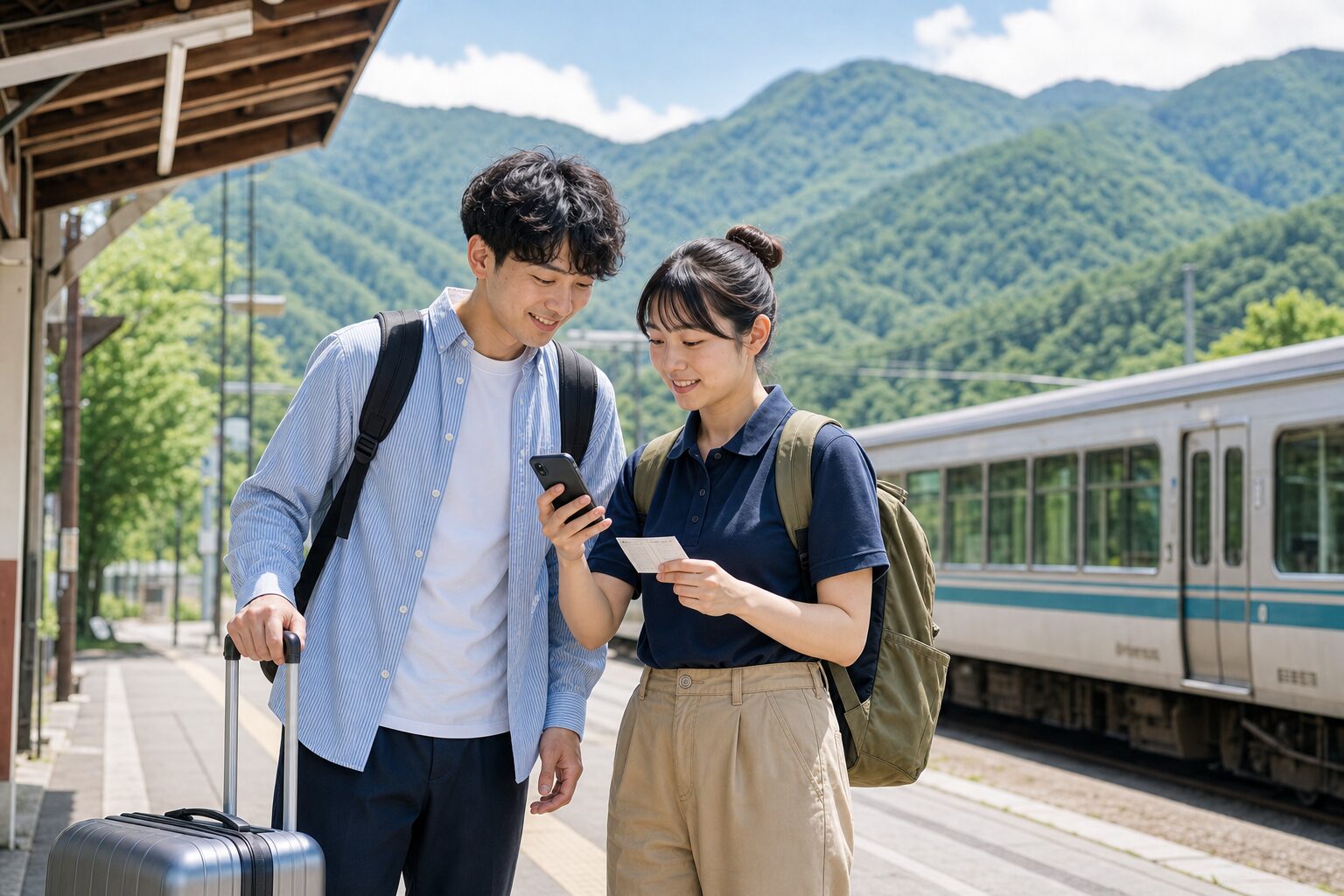長野県の駅でリゾートバイト先までの移動ルートを確認するイメージ