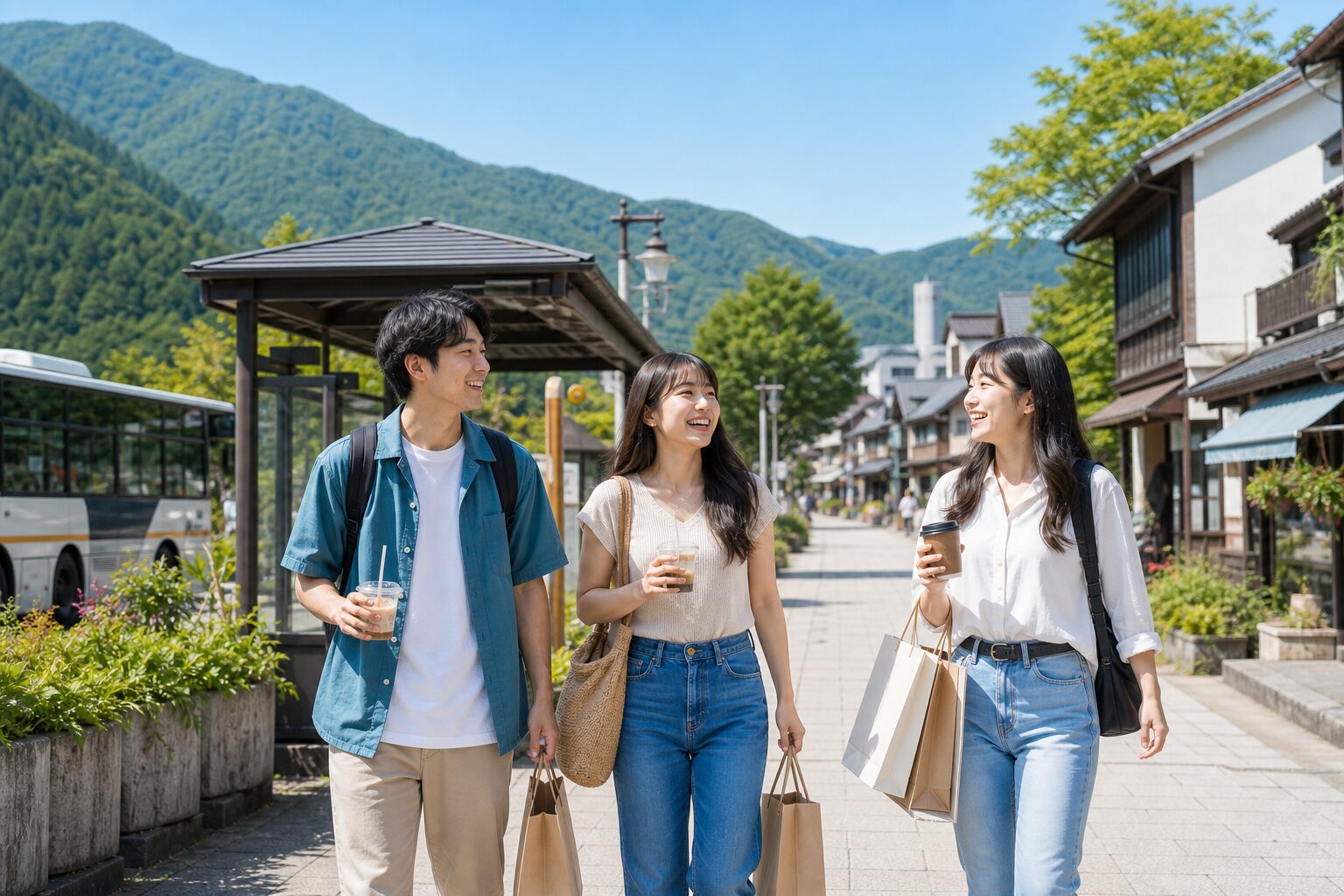 車なしで長野県の観光地を休日に楽しむリゾートバイトスタッフのイメージ