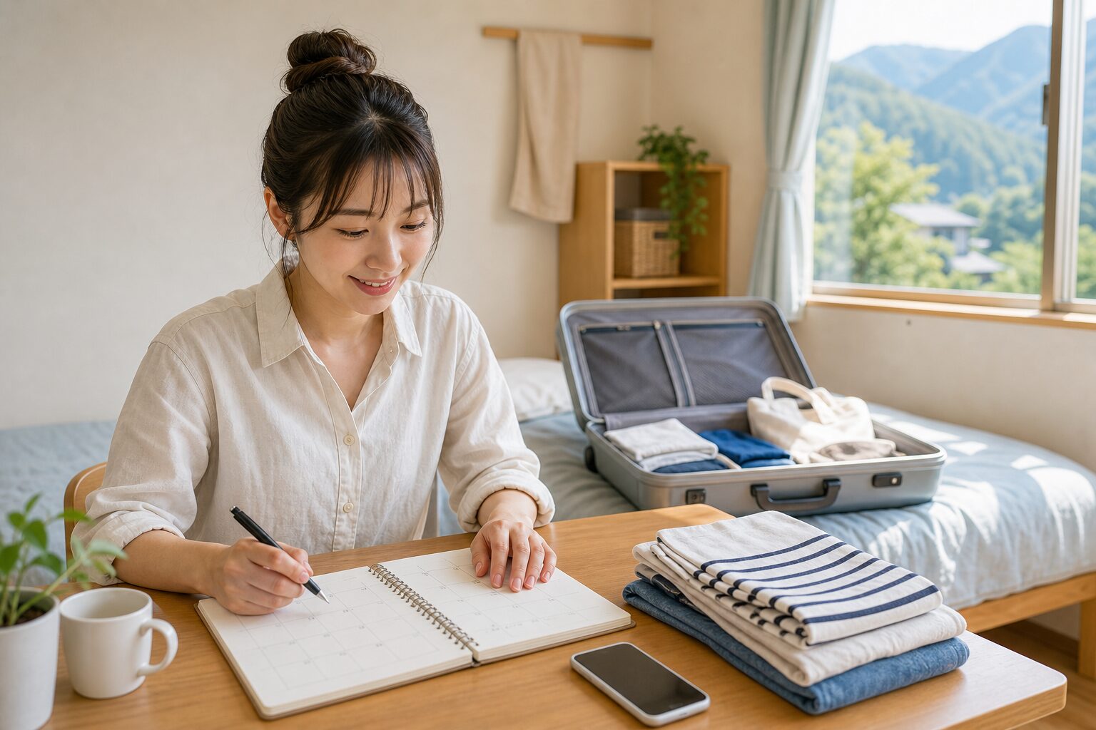 短期の住み込みバイトに向けて予定を確認する写真
