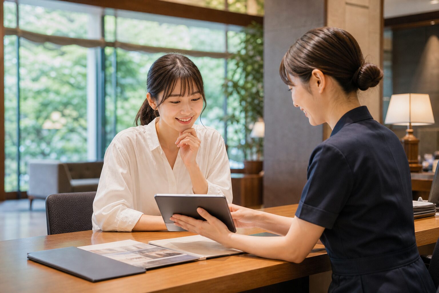 女性一人の住み込みバイトについて担当者に相談する写真