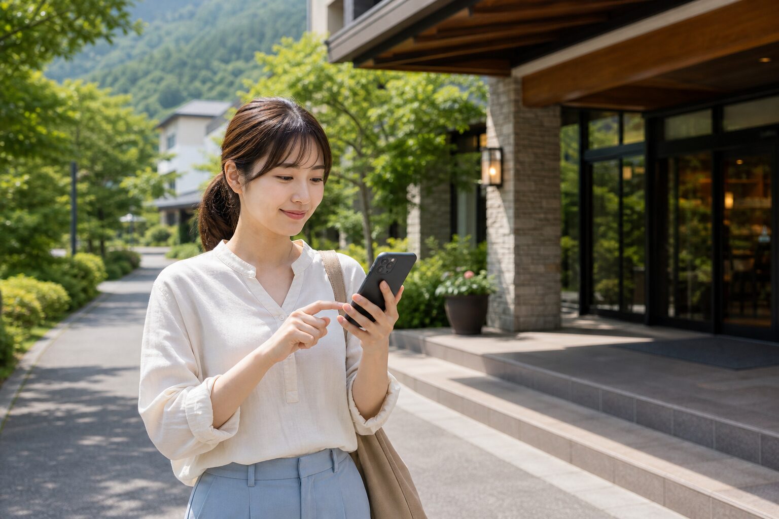 女性一人で住み込みバイトの通勤経路を確認する写真