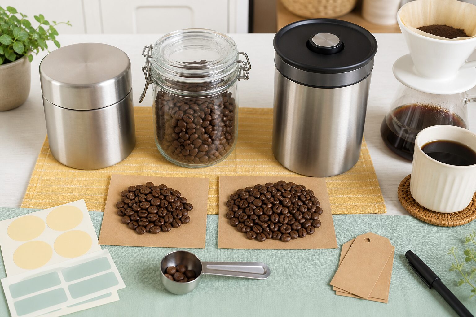 コーヒー豆保存容器の素材と容量を比較するイメージ