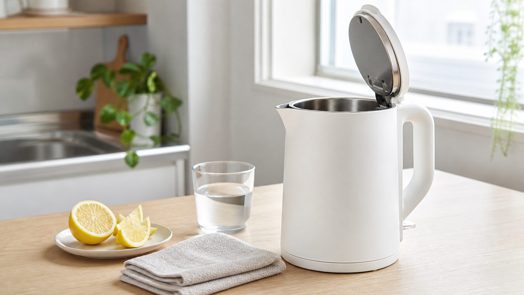 フタが開いた白い電気ケトルと手入れ用のクロス