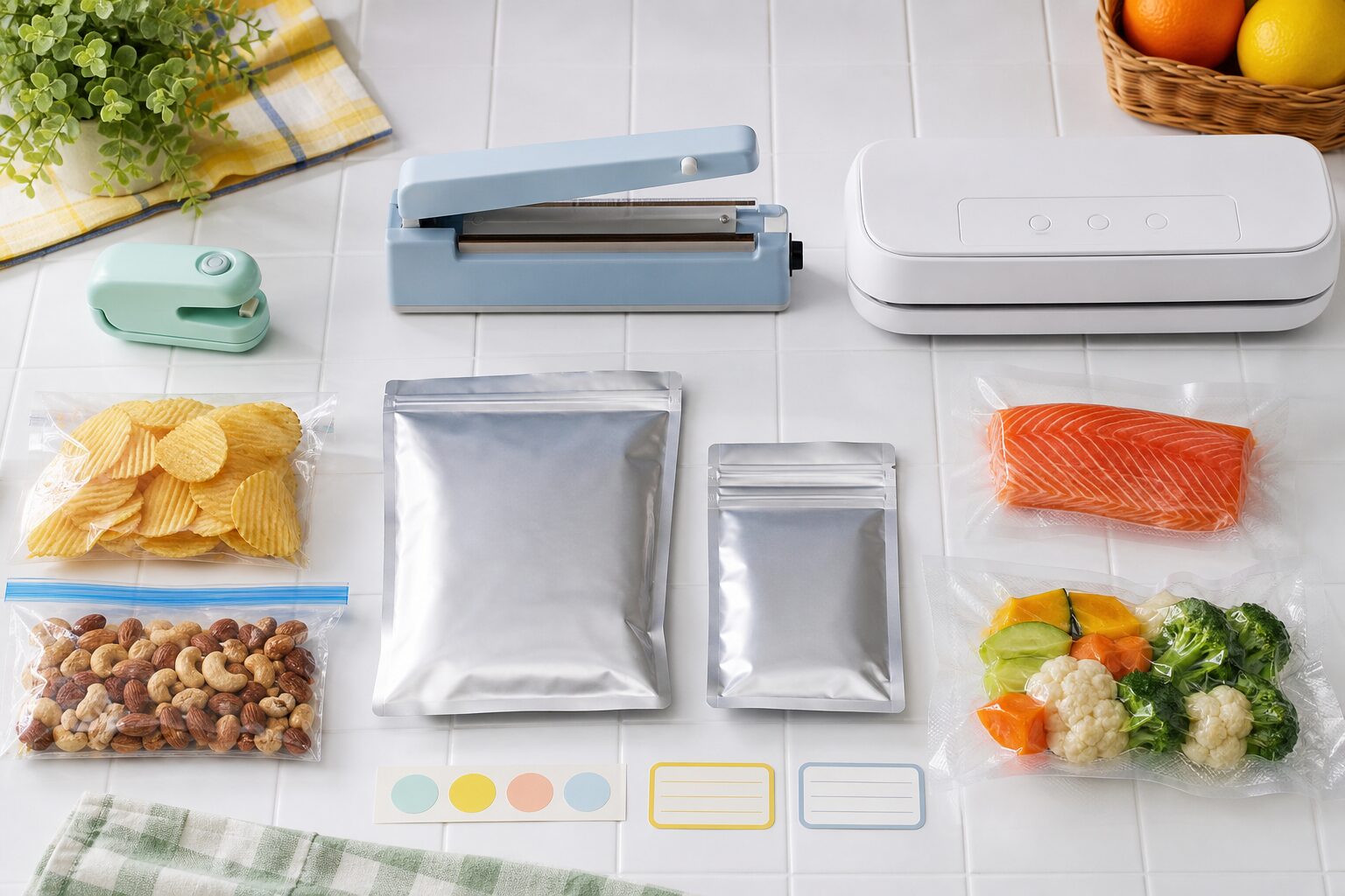 ハンディシーラー、卓上シーラー、真空パック機を比較する食品保存用品のイメージ