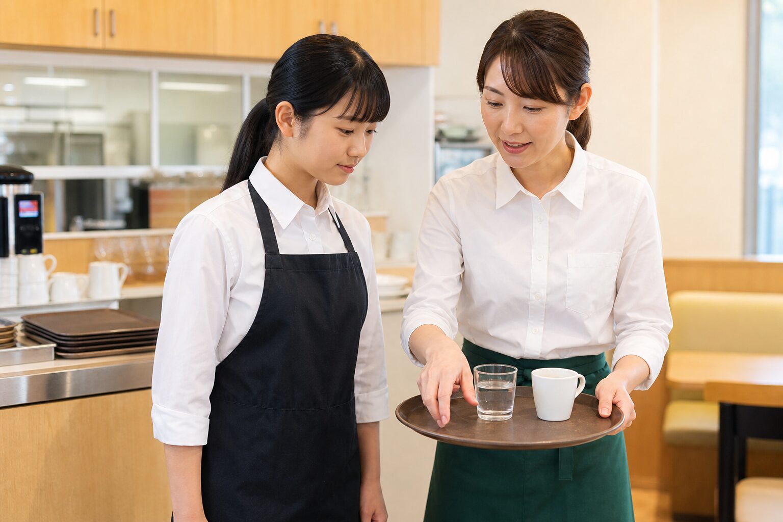 高校生が初バイト初日に先輩から仕事を教わるイメージ