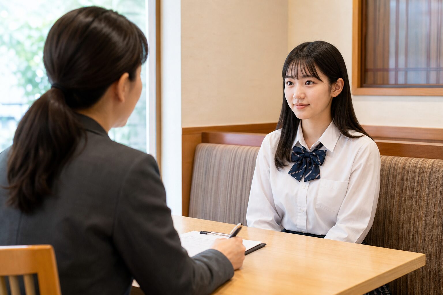 高校生が初バイトの面接で条件を確認するイメージ