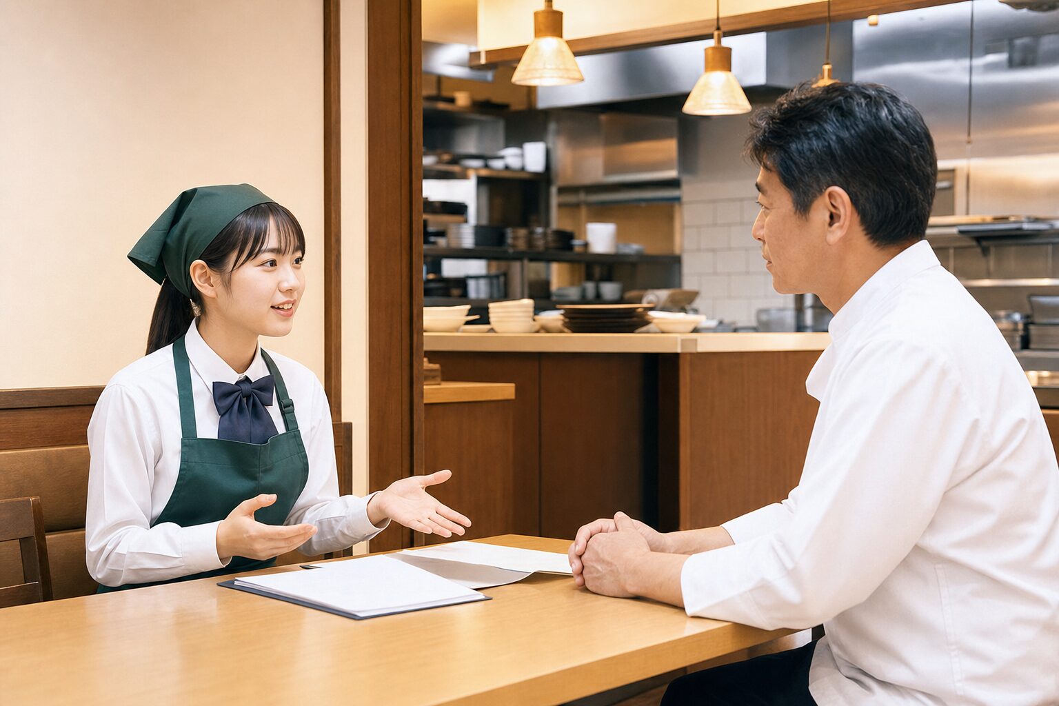 高校生が飲食店の面接でキッチンバイトの条件を確認するイメージ