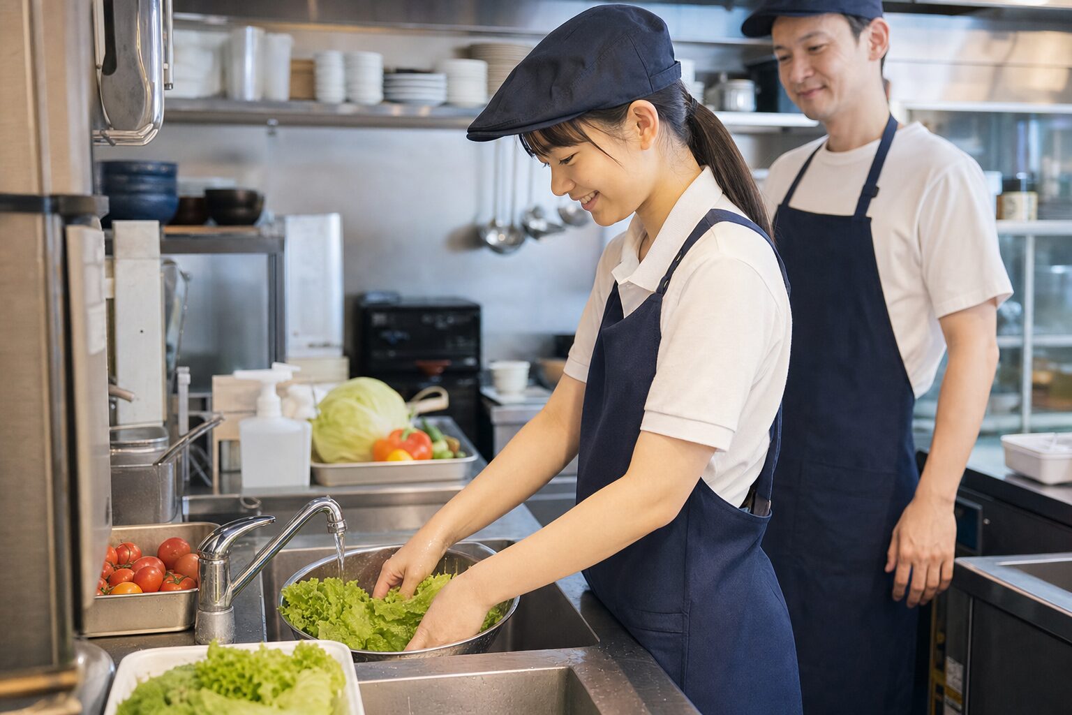 高校生が飲食店のキッチンで安全な仕込み作業をするイメージ