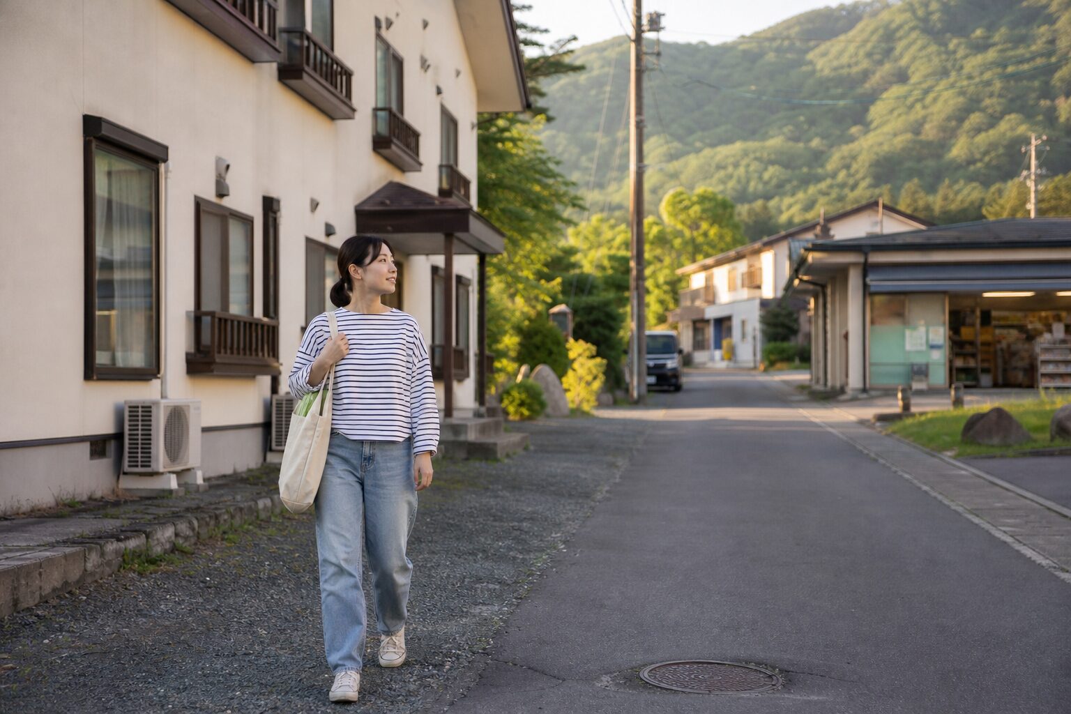 長野県リゾートバイトで車なしでも寮周辺を歩いて買い物へ行くイメージ