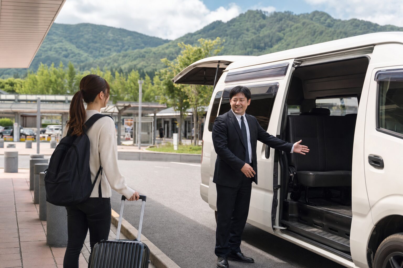 長野県リゾートバイトで車なしの人が送迎車に乗るイメージ