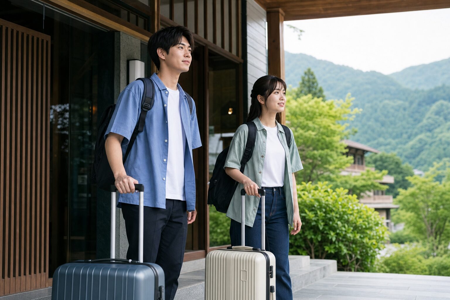 カップルが山のリゾートホテルへ到着するイメージ