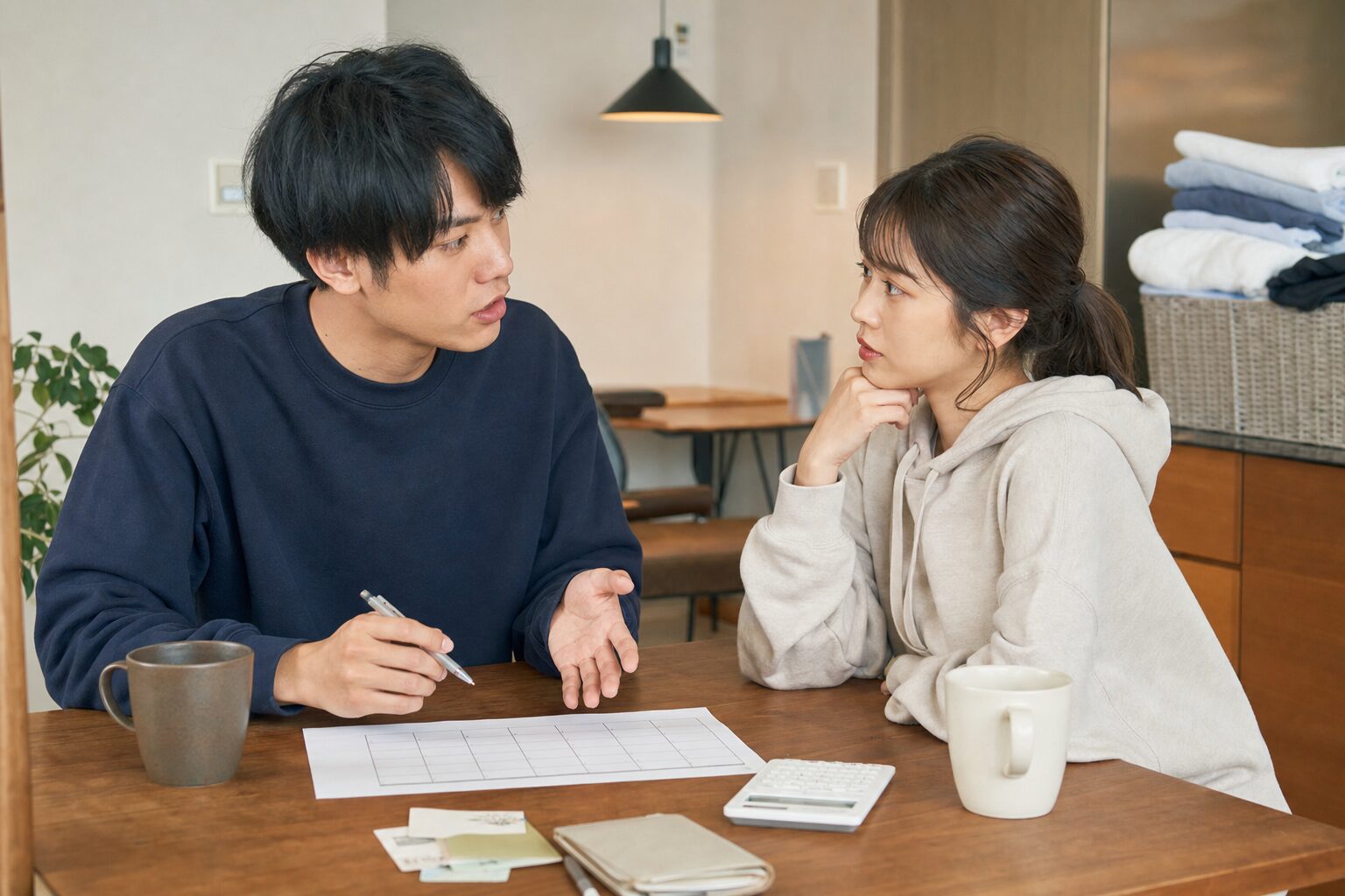 カップルが寮の共用スペースでシフトとお金について話し合うイメージ