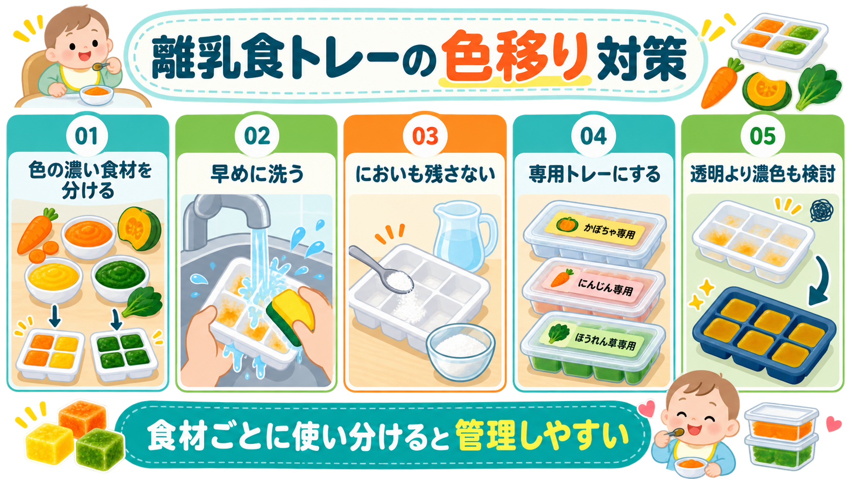 離乳食トレーの色移り対策をまとめた図解