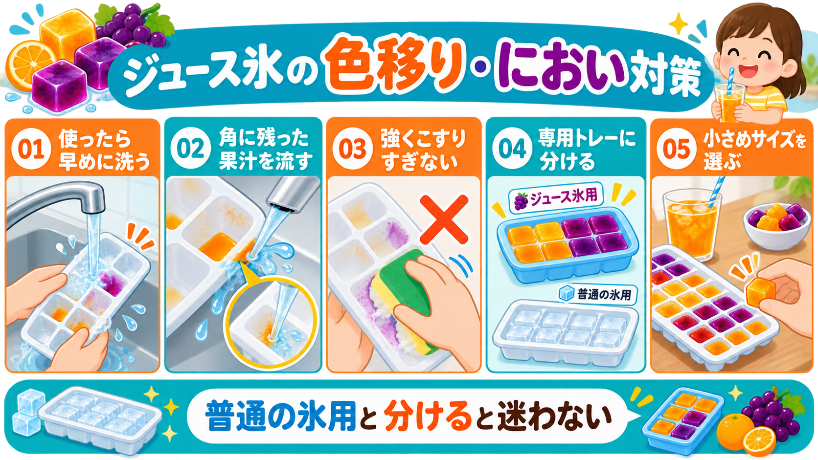 ジュース氷の色移りとにおい対策をまとめた図解