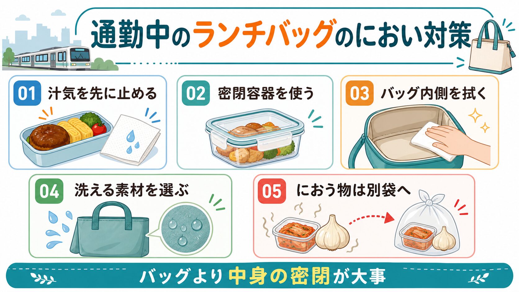 通勤中のランチバッグのにおいを抑える方法をまとめた図解