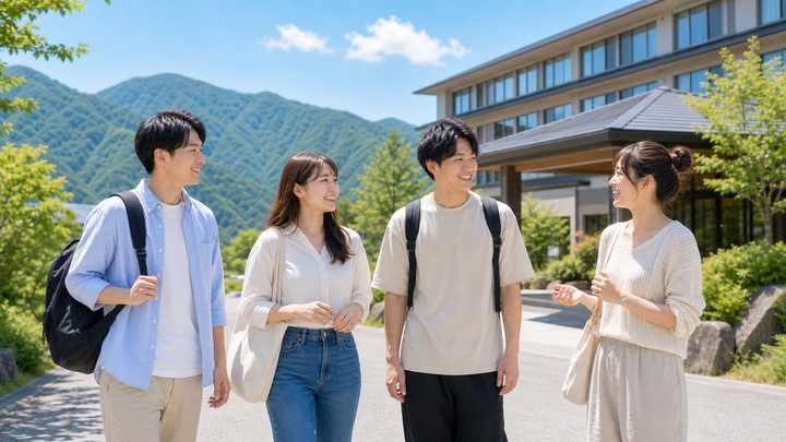 リゾートバイト先で仲間と話すカップルの口コミイメージ