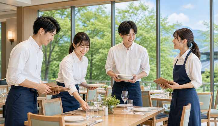 カップルとスタッフがホテルレストランで協力して働くイメージ