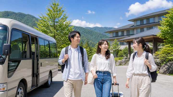 リゾートバイト先へ向かうカップルとスタッフ仲間のイメージ