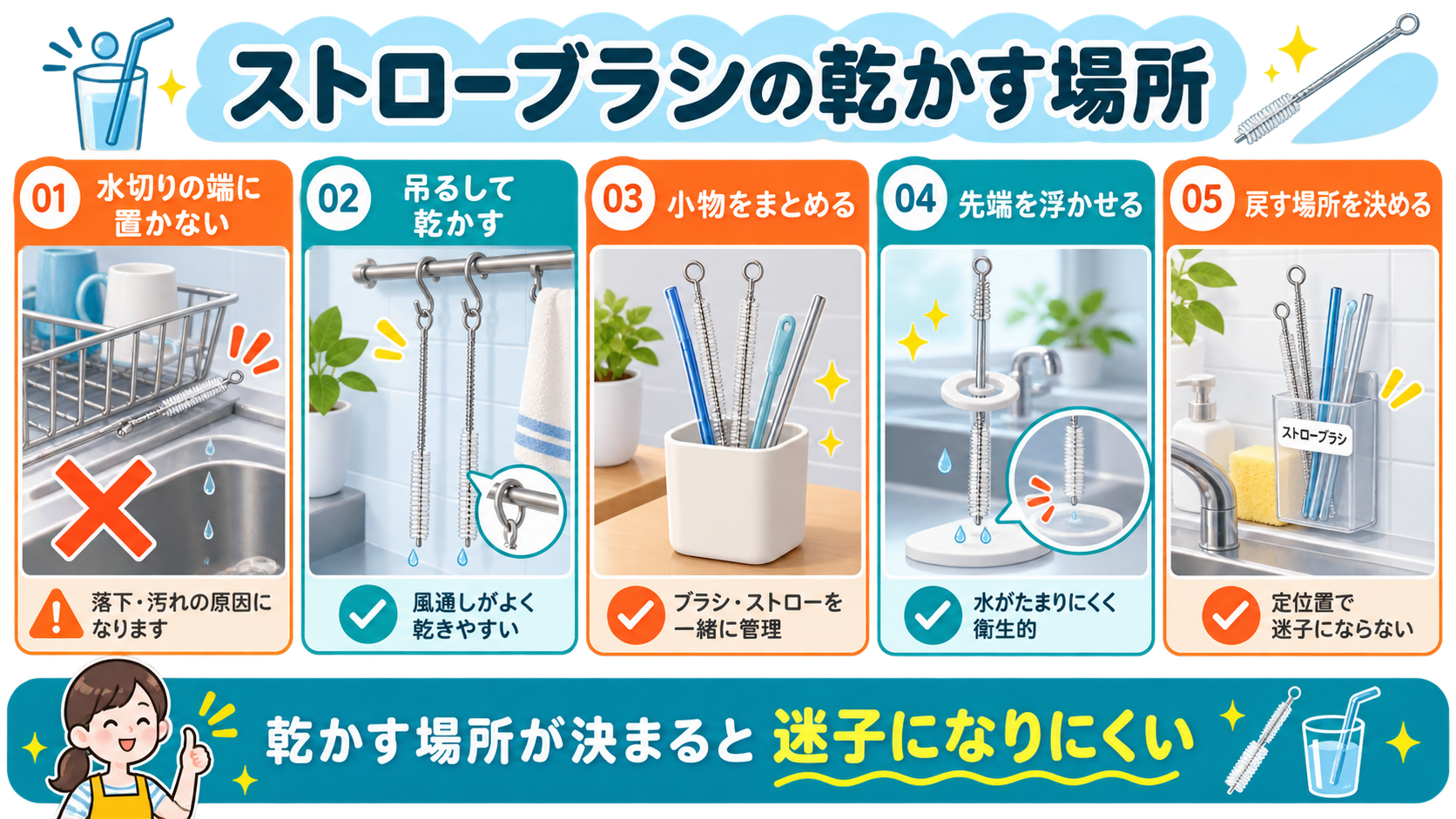 ストローブラシの乾かす場所をまとめた図解
