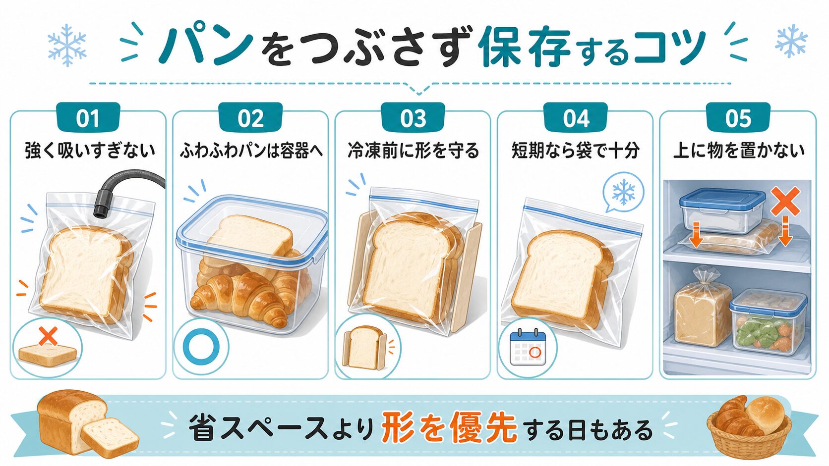 パンを真空保存するとつぶれる時の対策をまとめた図解