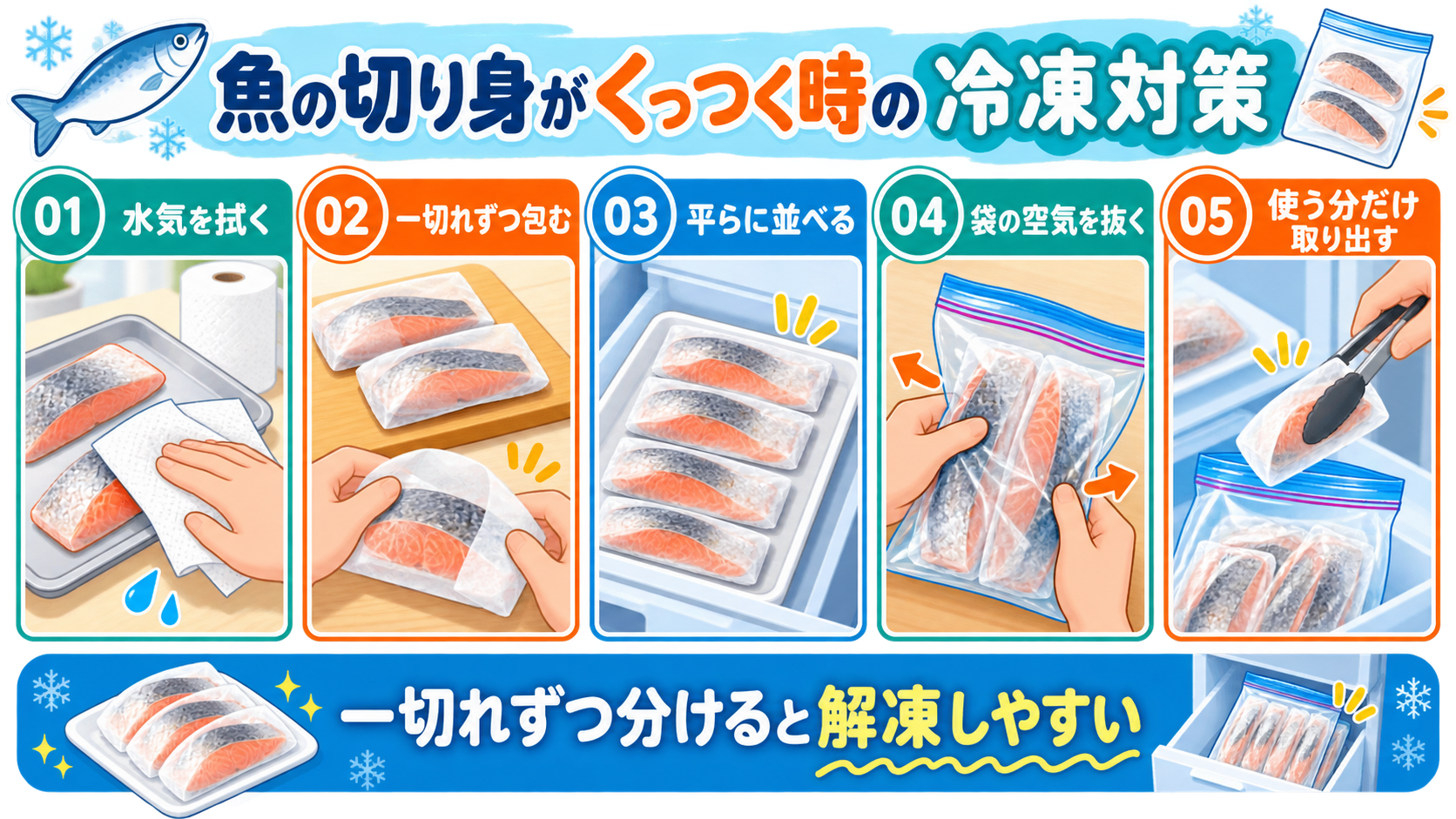 魚の切り身が冷凍袋でくっつく時の対策をまとめた図解