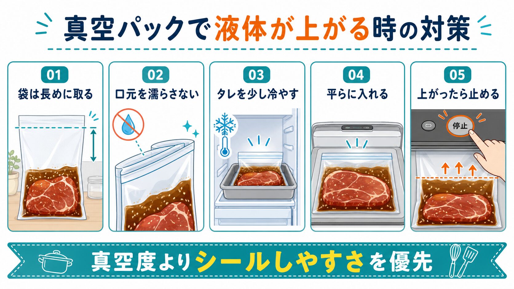 真空パックで液体が吸い上がる時の対策をまとめた図解