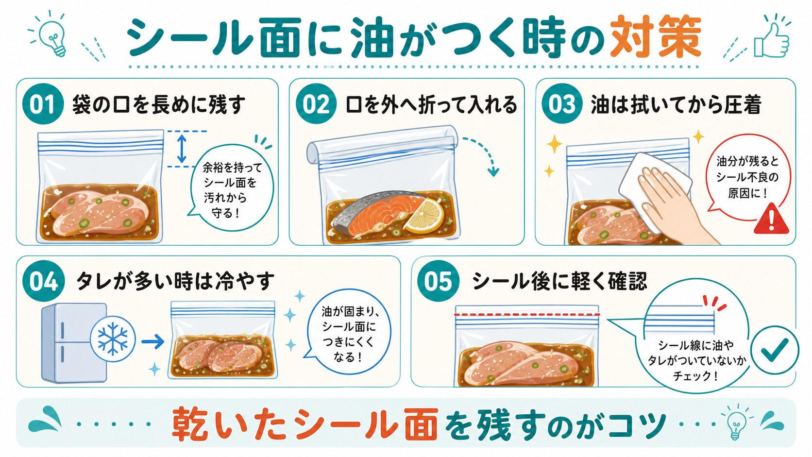 真空パック袋のシール面に油がつく時の対策をまとめた図解