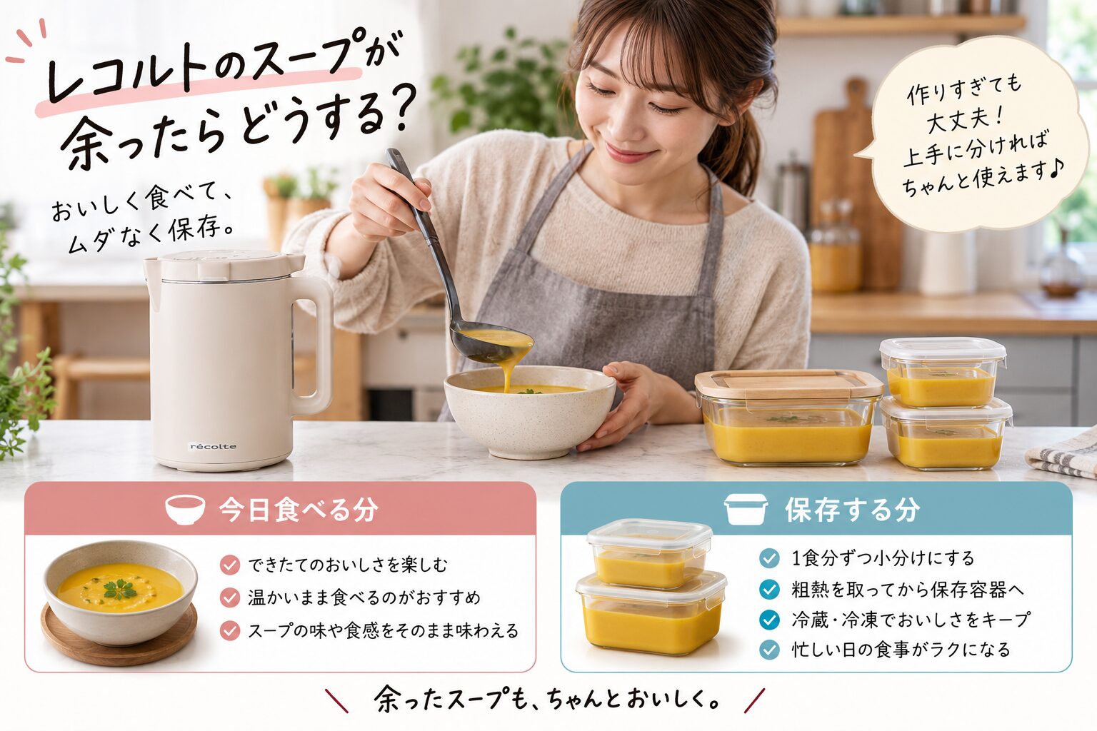 レコルトで作ったスープを食べる分と保存する分に分ける説明画像
