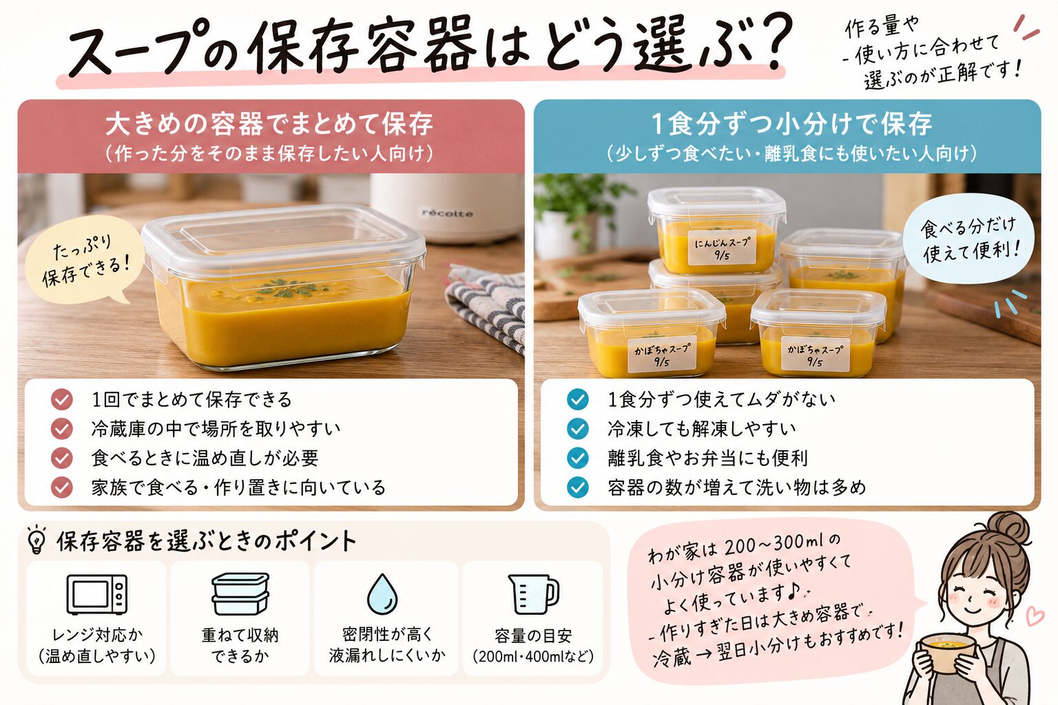 スープ保存容器を大きめ容器と一食分ずつで比較する説明画像