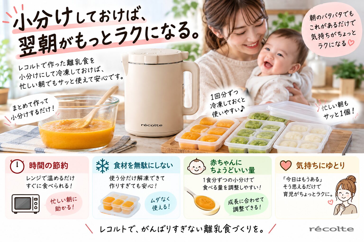 レコルトで作った離乳食を小分けして翌朝に使いやすくする説明画像