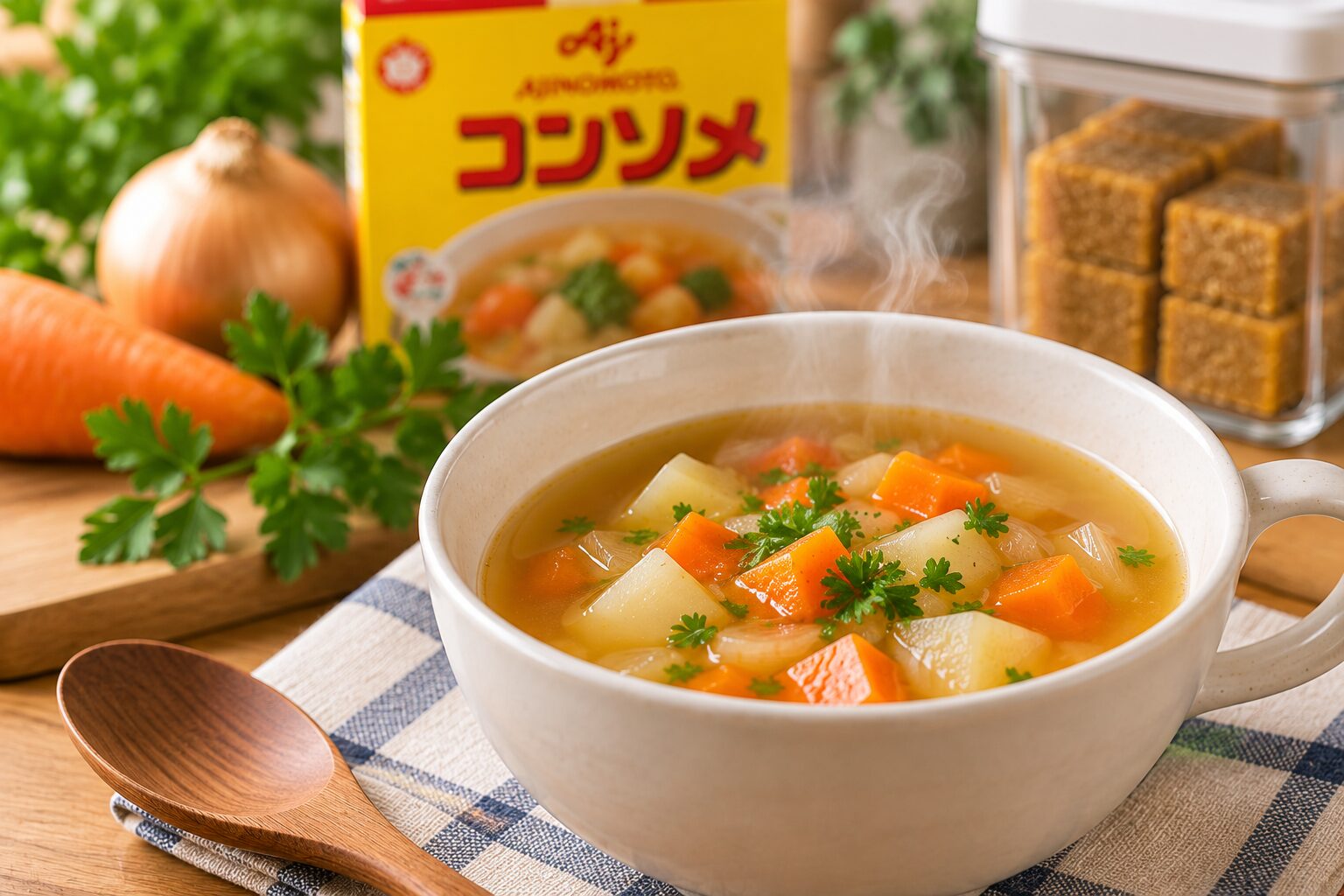 コンソメを使った野菜スープと保存容器のイメージ